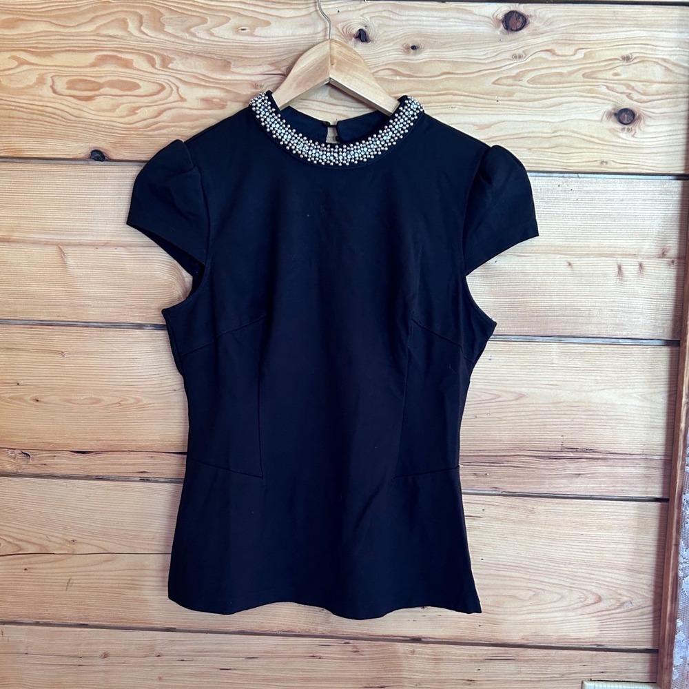 Blouse Cap Sleeve Women Large Black Pearl Rhinestone Mock Neck Embellished Orsay